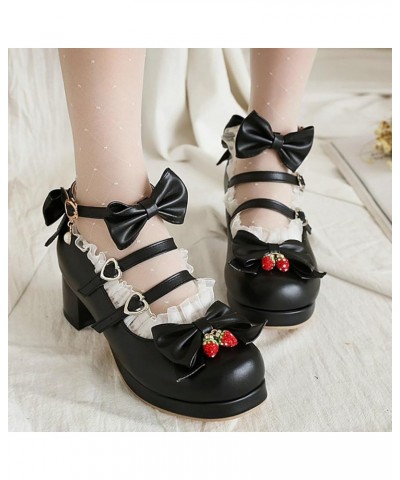 Women Cute Shoes Kawaii Pumps Mid Block Heel Mary Janes Platform Sweet Cosplay Dress Shoes Strappy Ankle Strap Pumps with Bow...