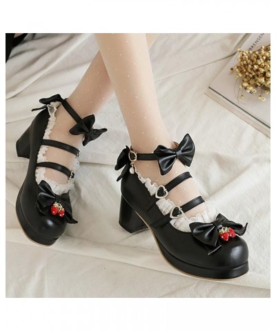 Women Cute Shoes Kawaii Pumps Mid Block Heel Mary Janes Platform Sweet Cosplay Dress Shoes Strappy Ankle Strap Pumps with Bow...