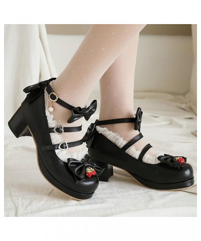 Women Cute Shoes Kawaii Pumps Mid Block Heel Mary Janes Platform Sweet Cosplay Dress Shoes Strappy Ankle Strap Pumps with Bow...