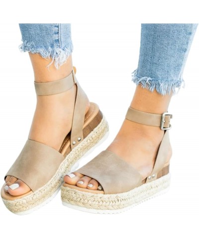 Womens Open Toe Espadrilles Dressy Platform Sandals Slip on Buckle Ankle Strap Wedges Sandals Khaki $11.65 Sandals