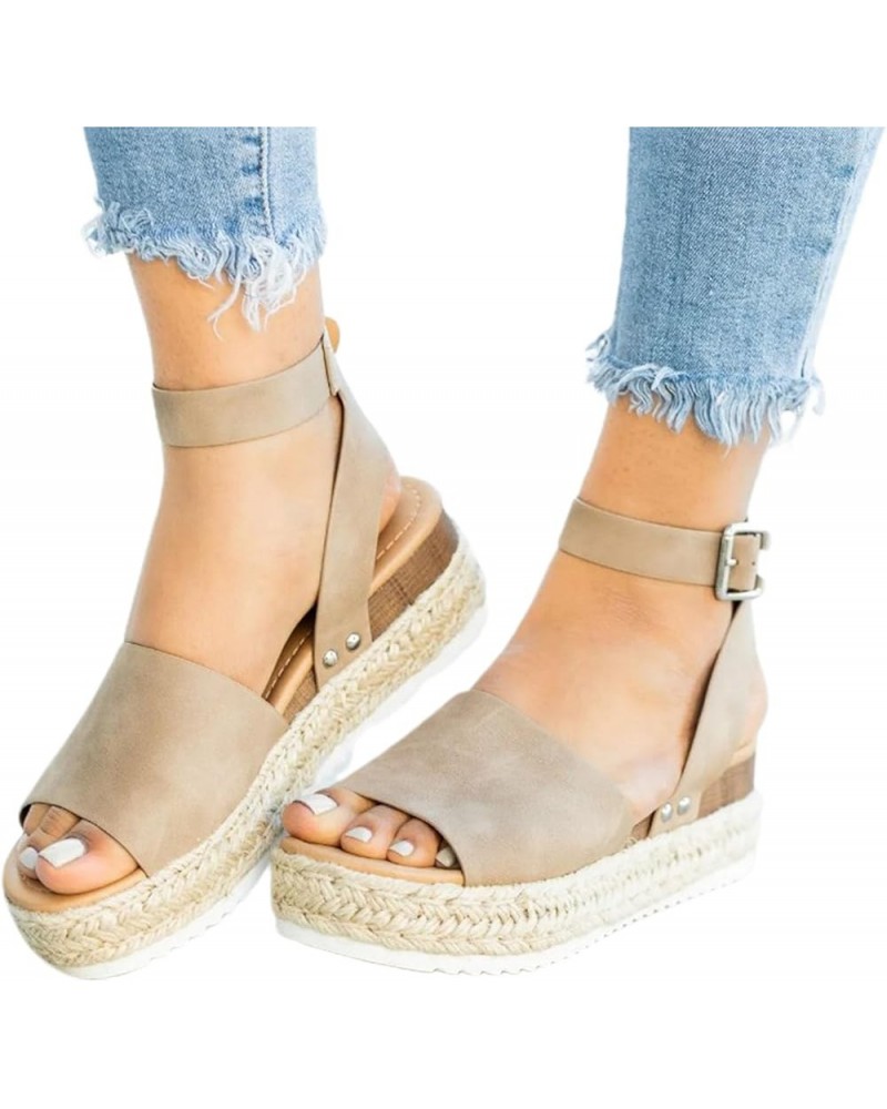 Womens Open Toe Espadrilles Dressy Platform Sandals Slip on Buckle Ankle Strap Wedges Sandals Khaki $11.65 Sandals