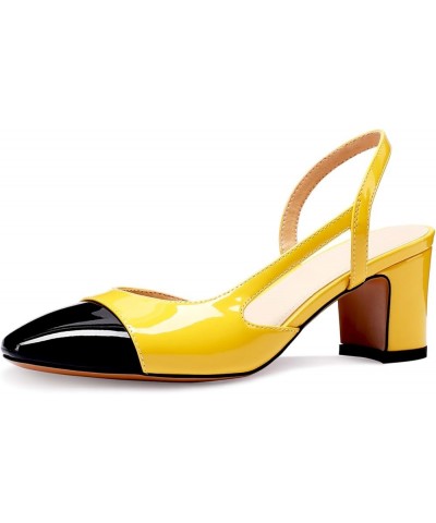 Women SlingBack Pumps Chunky Heels Two Toned Round Cap Toe Casual Work Heels for Women Yellow $33.14 Pumps