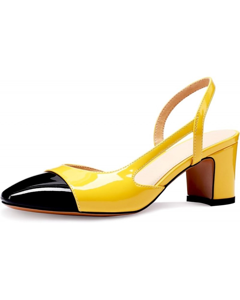 Women SlingBack Pumps Chunky Heels Two Toned Round Cap Toe Casual Work Heels for Women Yellow $33.14 Pumps