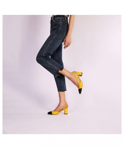 Women SlingBack Pumps Chunky Heels Two Toned Round Cap Toe Casual Work Heels for Women Yellow $33.14 Pumps