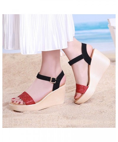 Women's Glitter Open Toe Platform Wedge Sandals with Adjustable Ankle Sequins Summer Slingback Wedding Dress Sandal Red $25.8...