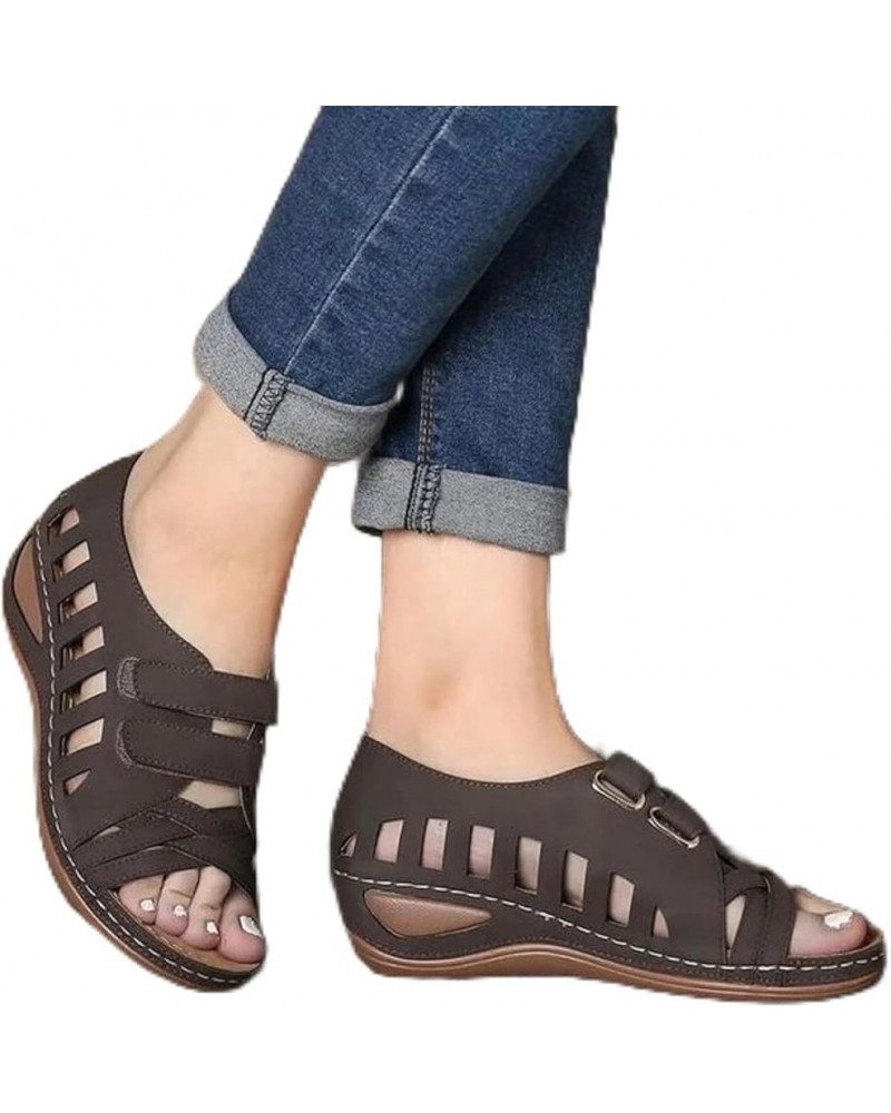 Casual Sandals Women 2021 Summer Hollow Simple All-Match Women's Sandals Comfortable Slope with Retro Sandals Women Dark Brow...