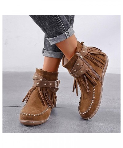 Ankle Boots for Women Dressy Suede Flat Short Ankle Booties Retro Fringe Boots Cowboy Round Toe Roman Fringe Fall Shoes A22-b...