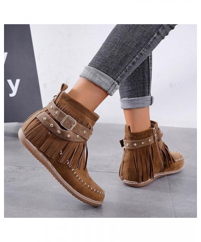 Ankle Boots for Women Dressy Suede Flat Short Ankle Booties Retro Fringe Boots Cowboy Round Toe Roman Fringe Fall Shoes A22-b...