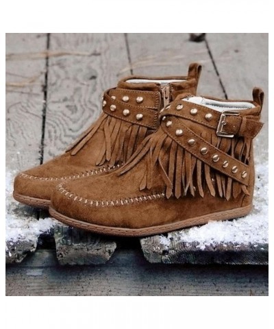 Ankle Boots for Women Dressy Suede Flat Short Ankle Booties Retro Fringe Boots Cowboy Round Toe Roman Fringe Fall Shoes A22-b...