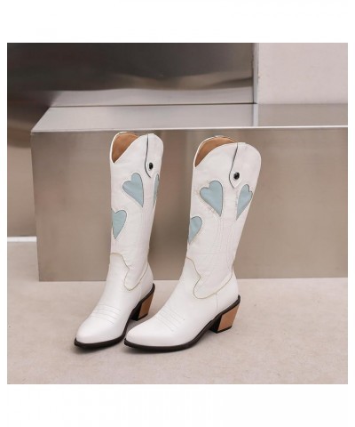 Women Pull On Warm Knee High Embroidered Cowboy Boots White 4 $32.65 Boots