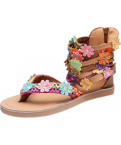 Flat Sandals for Women Dressy Flower Sandals Toe Roman Flat Back Zipper Wide Striped Flip Flop Round Shoes Multicolor 7 $13.6...