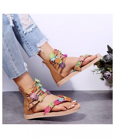 Flat Sandals for Women Dressy Flower Sandals Toe Roman Flat Back Zipper Wide Striped Flip Flop Round Shoes Multicolor 7 $13.6...