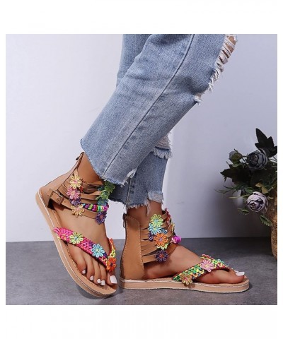 Flat Sandals for Women Dressy Flower Sandals Toe Roman Flat Back Zipper Wide Striped Flip Flop Round Shoes Multicolor 7 $13.6...