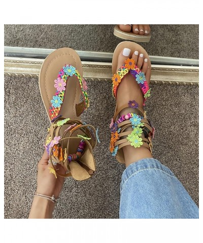 Flat Sandals for Women Dressy Flower Sandals Toe Roman Flat Back Zipper Wide Striped Flip Flop Round Shoes Multicolor 7 $13.6...