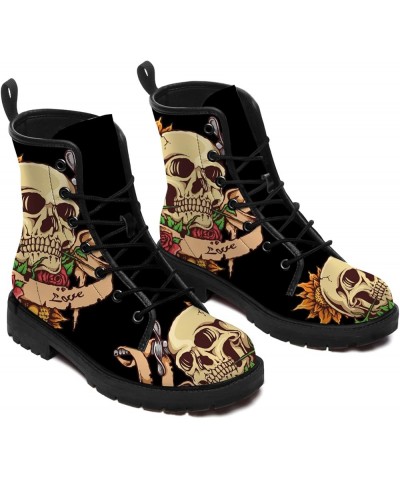 Skull Boots Womens Mens Combat Boots Anti-Slip Vegan Leather Work Ankle Booties Waterproof Shoes Gifts for Men Women Orange R...