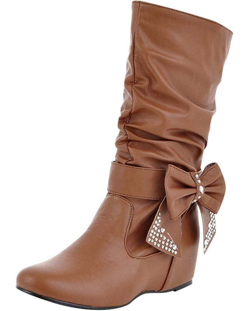 Retro Women Rhinestones Bow Tie Low Heeled Slip On Mid Calf Boots Round Toe Suede Wide Calf Boots for Women Knee Brown $23.55...