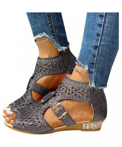 Ankle Strap Wedge Sandals Crystal Open Toe Comfy Solid Beach Sandals for Women Casual Summer X02-black $20.54 Sandals