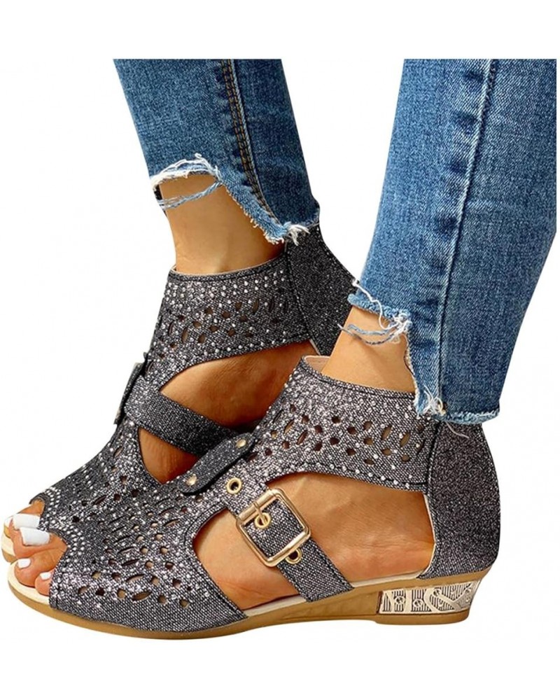 Ankle Strap Wedge Sandals Crystal Open Toe Comfy Solid Beach Sandals for Women Casual Summer X02-black $20.54 Sandals