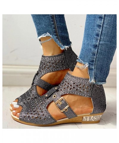 Ankle Strap Wedge Sandals Crystal Open Toe Comfy Solid Beach Sandals for Women Casual Summer X02-black $20.54 Sandals