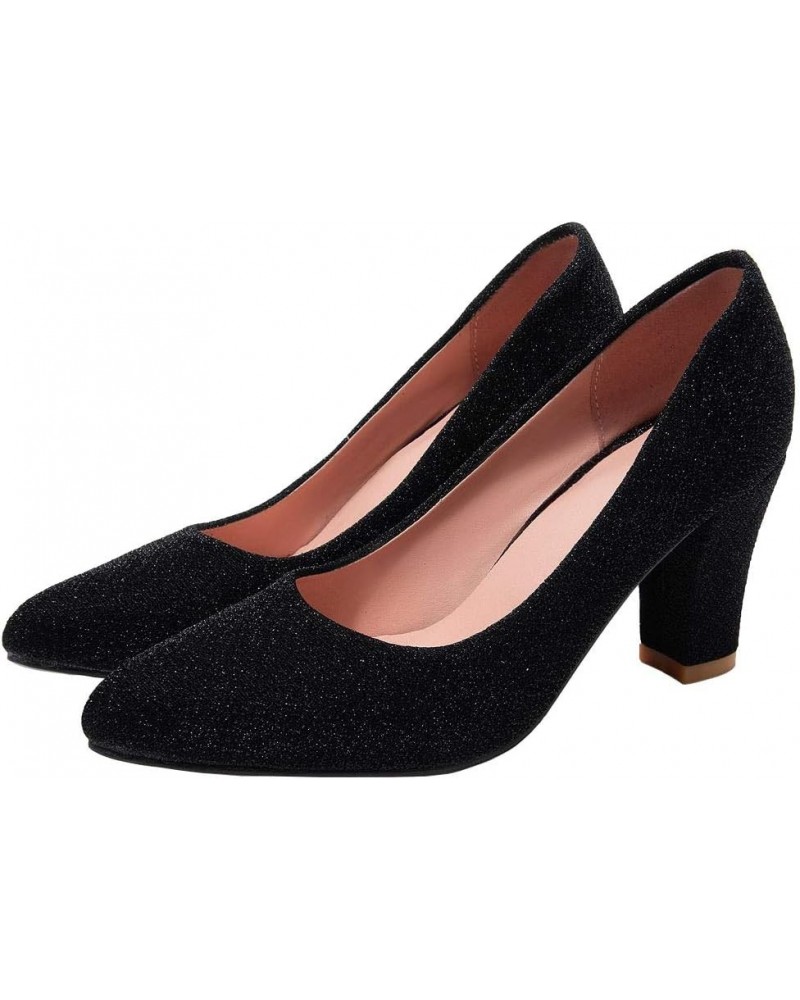 Womens Glitter High Heels Pointed Toe Block Pumps Wedding Party Shoes Black $21.72 Pumps