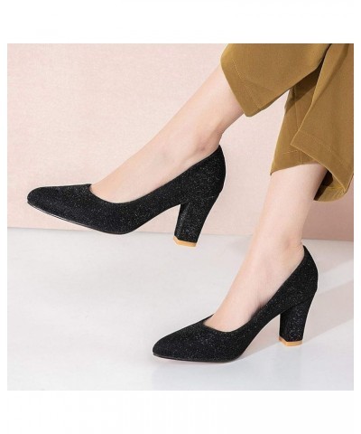 Womens Glitter High Heels Pointed Toe Block Pumps Wedding Party Shoes Black $21.72 Pumps