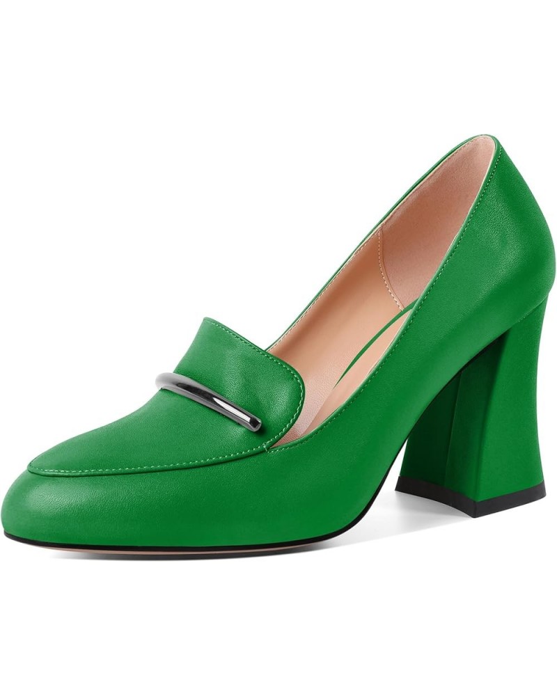 Womens Slip On Loafer Heels High Chunky Pumps Block Round Toe 3.1 Inches Matte Elegant Shoes Matte Green $35.24 Loafers & Sli...