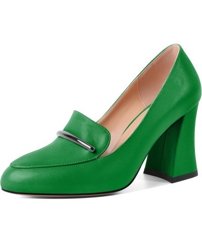 Womens Slip On Loafer Heels High Chunky Pumps Block Round Toe 3.1 Inches Matte Elegant Shoes Matte Green $35.24 Loafers & Sli...