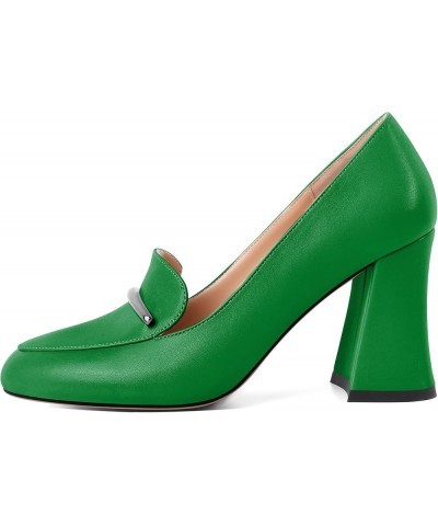 Womens Slip On Loafer Heels High Chunky Pumps Block Round Toe 3.1 Inches Matte Elegant Shoes Matte Green $35.24 Loafers & Sli...