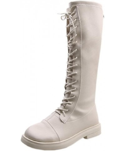 Knight Wide Calf Boots for Women Round Toe Wearable Snow Days Riding Ladies Military Flat Lace-Up Mid Boot Beige $26.04 Boots