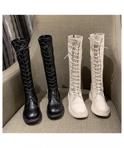 Knight Wide Calf Boots for Women Round Toe Wearable Snow Days Riding Ladies Military Flat Lace-Up Mid Boot Beige $26.04 Boots