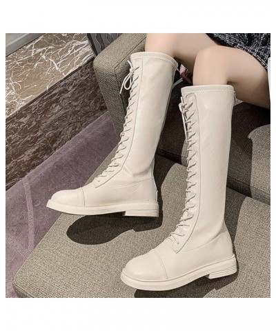 Knight Wide Calf Boots for Women Round Toe Wearable Snow Days Riding Ladies Military Flat Lace-Up Mid Boot Beige $26.04 Boots