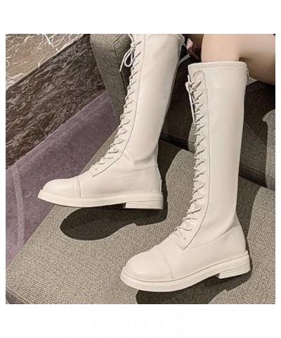 Knight Wide Calf Boots for Women Round Toe Wearable Snow Days Riding Ladies Military Flat Lace-Up Mid Boot Beige $26.04 Boots