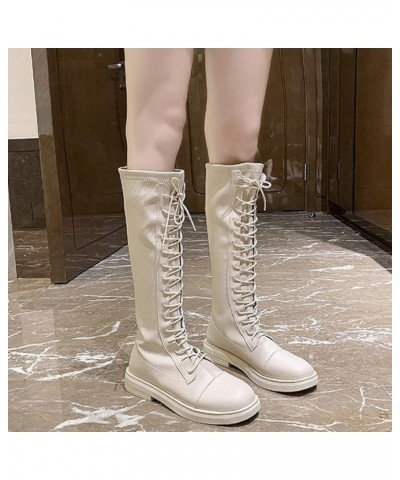 Knight Wide Calf Boots for Women Round Toe Wearable Snow Days Riding Ladies Military Flat Lace-Up Mid Boot Beige $26.04 Boots