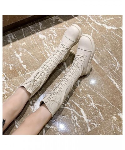 Knight Wide Calf Boots for Women Round Toe Wearable Snow Days Riding Ladies Military Flat Lace-Up Mid Boot Beige $26.04 Boots