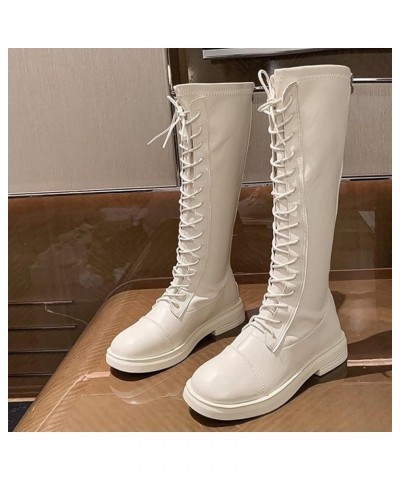 Knight Wide Calf Boots for Women Round Toe Wearable Snow Days Riding Ladies Military Flat Lace-Up Mid Boot Beige $26.04 Boots