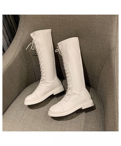 Knight Wide Calf Boots for Women Round Toe Wearable Snow Days Riding Ladies Military Flat Lace-Up Mid Boot Beige $26.04 Boots