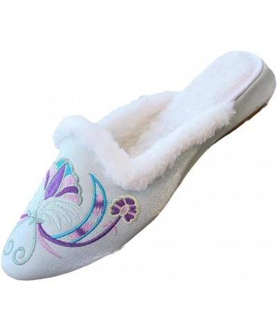 Winter Women Cotton Satin Flat Mules Comfortable Ladies Pointy Toe Slippers Chinese Embroidery Shoes Light Blue $23.75 Mules ...