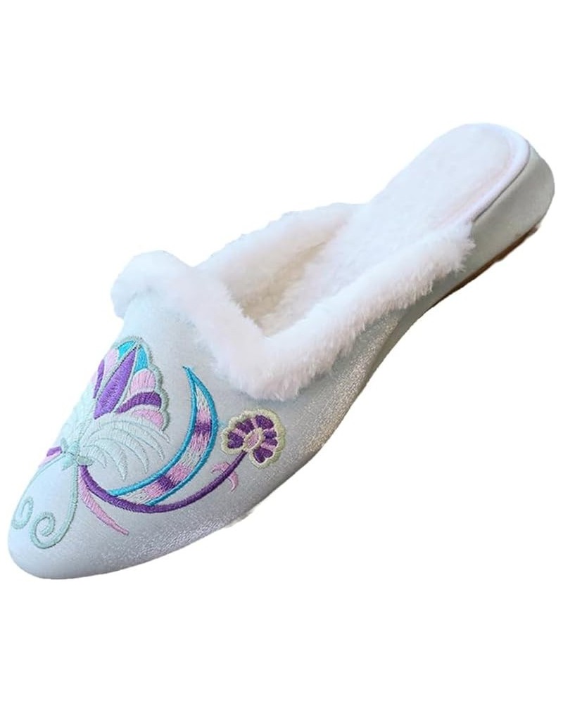 Winter Women Cotton Satin Flat Mules Comfortable Ladies Pointy Toe Slippers Chinese Embroidery Shoes Light Blue $23.75 Mules ...