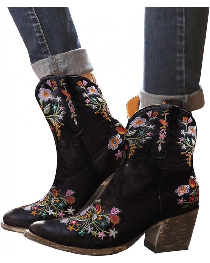 Womens Fall Boots 2023 Wide Womens Western Ankle Boots Wide Width Ankle Boots With Heel Comfort Embroidered Shoes Black $19.6...