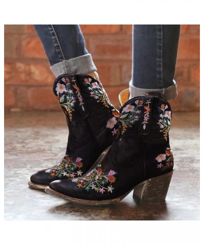 Womens Fall Boots 2023 Wide Womens Western Ankle Boots Wide Width Ankle Boots With Heel Comfort Embroidered Shoes Black $19.6...