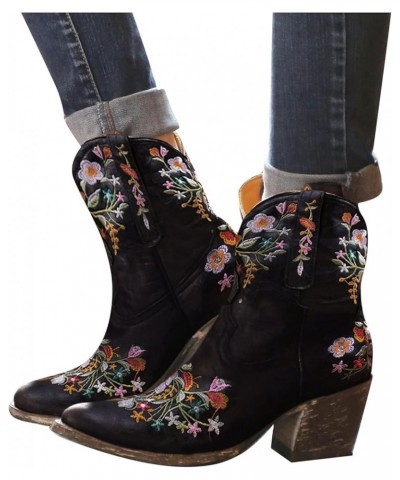 Womens Fall Boots 2023 Wide Womens Western Ankle Boots Wide Width Ankle Boots With Heel Comfort Embroidered Shoes Black $19.6...