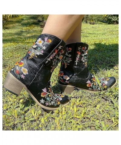 Womens Fall Boots 2023 Wide Womens Western Ankle Boots Wide Width Ankle Boots With Heel Comfort Embroidered Shoes Black $19.6...