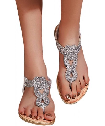 Sandals Women T Strap Ladies Summer Fashion Rhinestone Slide Sandals Bohemian Slope Heel Hollow Solid Color Flat Bottom Open ...