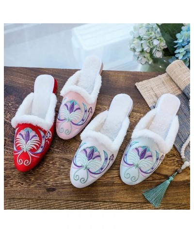 Winter Women Cotton Satin Flat Mules Comfortable Ladies Pointy Toe Slippers Chinese Embroidery Shoes Light Blue $23.75 Mules ...