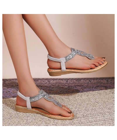 Sandals Women T Strap Ladies Summer Fashion Rhinestone Slide Sandals Bohemian Slope Heel Hollow Solid Color Flat Bottom Open ...