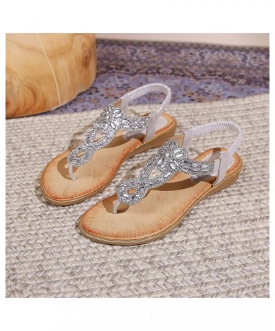 Sandals Women T Strap Ladies Summer Fashion Rhinestone Slide Sandals Bohemian Slope Heel Hollow Solid Color Flat Bottom Open ...