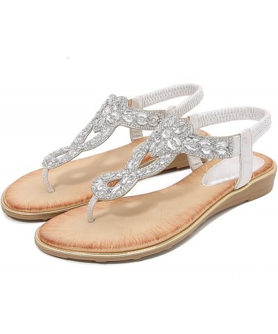 Sandals Women T Strap Ladies Summer Fashion Rhinestone Slide Sandals Bohemian Slope Heel Hollow Solid Color Flat Bottom Open ...