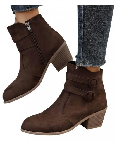 Women's Middle Ankle Boots Retro Chunky Heeled Ankle Boot Double Buckle Strap Side Zipper Shoes Work Short Boots Z-493 Brown ...