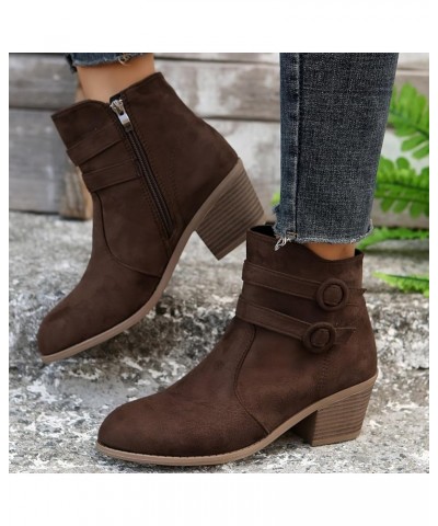 Women's Middle Ankle Boots Retro Chunky Heeled Ankle Boot Double Buckle Strap Side Zipper Shoes Work Short Boots Z-493 Brown ...