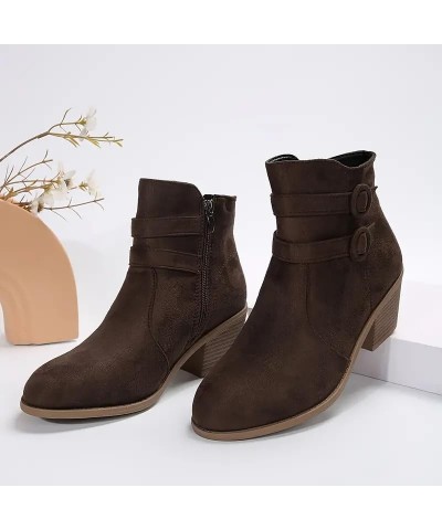 Women's Middle Ankle Boots Retro Chunky Heeled Ankle Boot Double Buckle Strap Side Zipper Shoes Work Short Boots Z-493 Brown ...